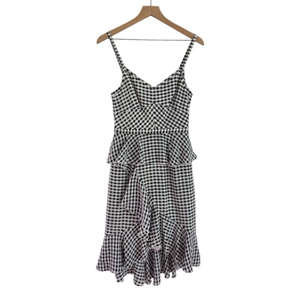 J. Crew Silk Gingham Spaghetti Strap Ruffle Tiered Midi‎ Dress Blue White Size 4 - Picture 4 of 11